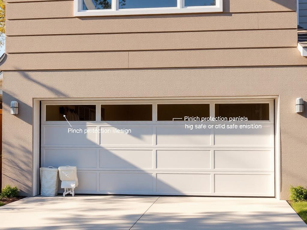 Modern garage door with safety features on family home