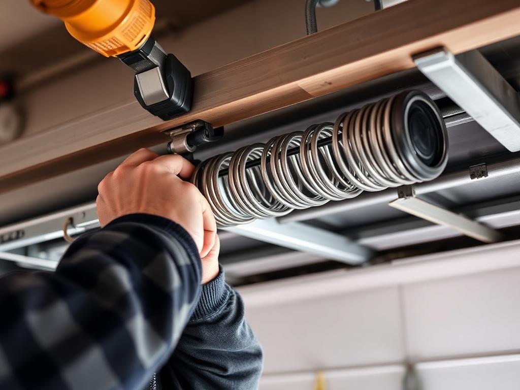 Professional technician replacing garage door torsion spring