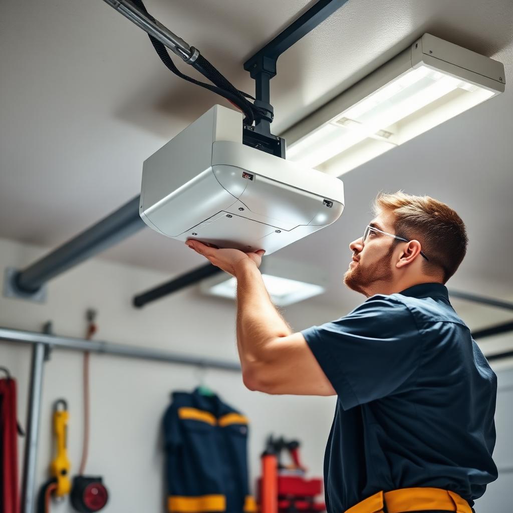 Professional technician installing garage door opener motor